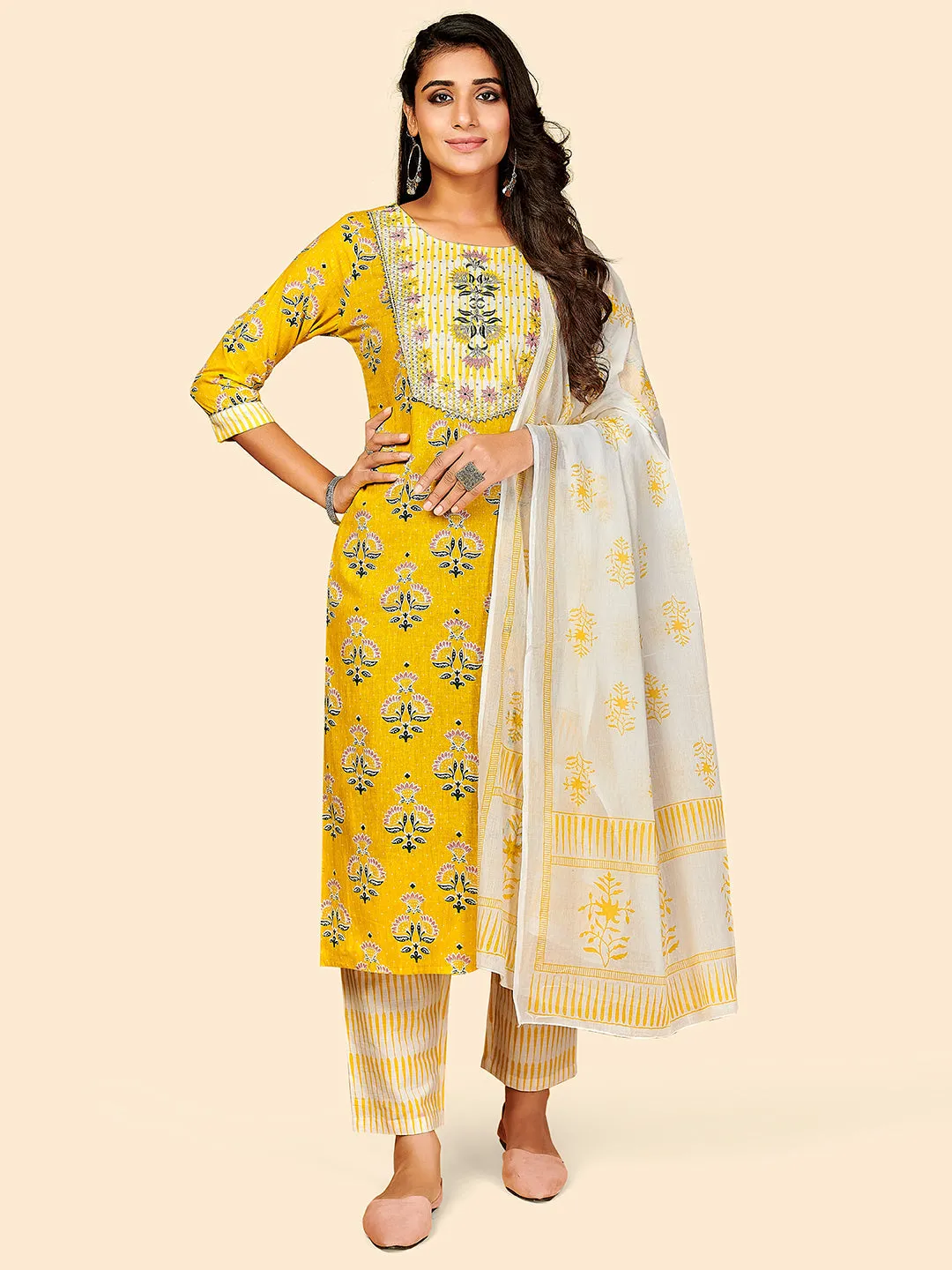 Women'S Printed & Embroidered Straight Cotton Yellow Stitched Kurta Pant With Dupatta