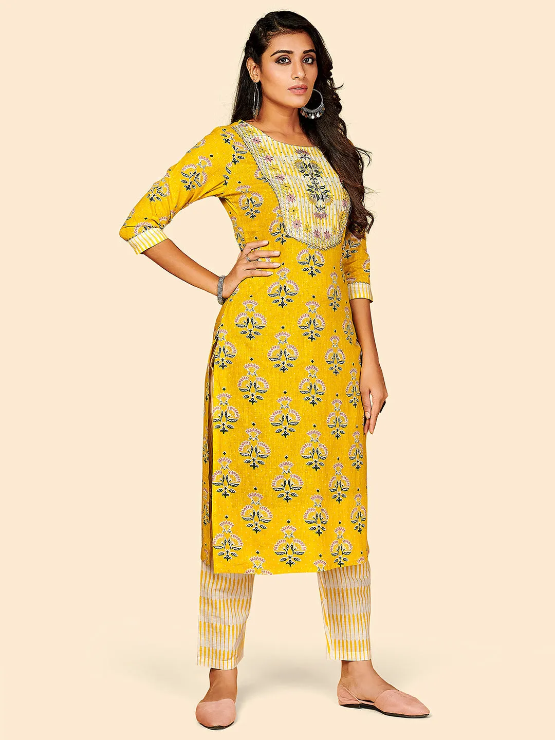 Women'S Printed & Embroidered Straight Cotton Yellow Stitched Kurta Pant With Dupatta