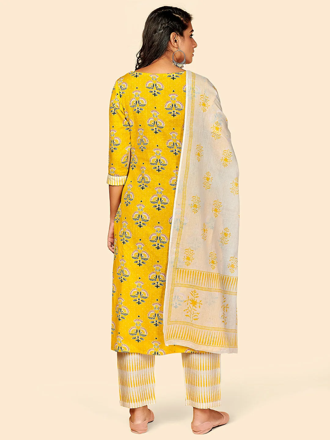 Women'S Printed & Embroidered Straight Cotton Yellow Stitched Kurta Pant With Dupatta