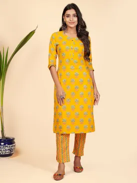 Women'S Printed & Embroidered Straight Cotton Yellow Stitched Kurta With Pant