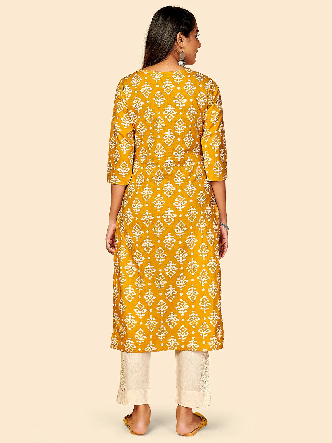 Women'S Printed & Embroidered Straight Cotton Yellow Stitched Kurta