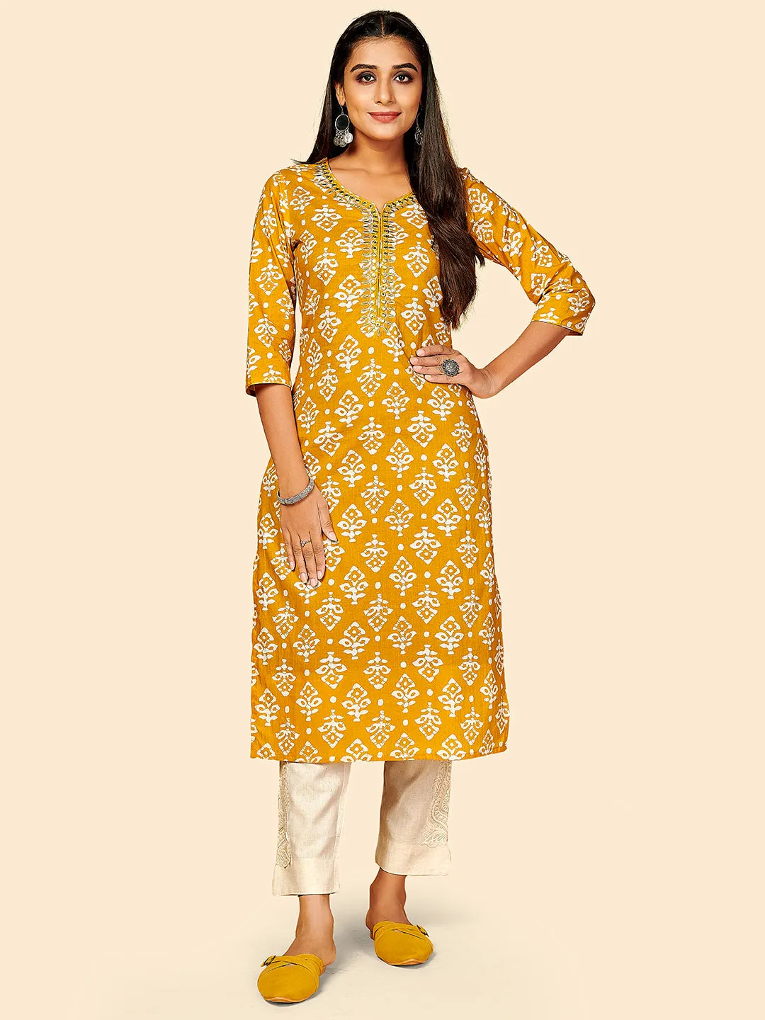 Women'S Printed & Embroidered Straight Cotton Yellow Stitched Kurta