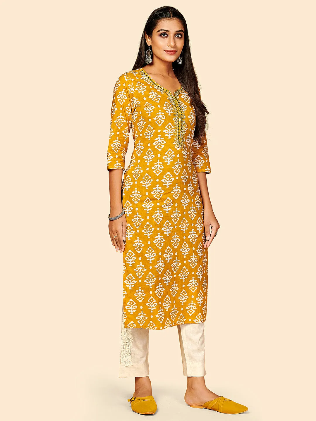 Women'S Printed & Embroidered Straight Cotton Yellow Stitched Kurta