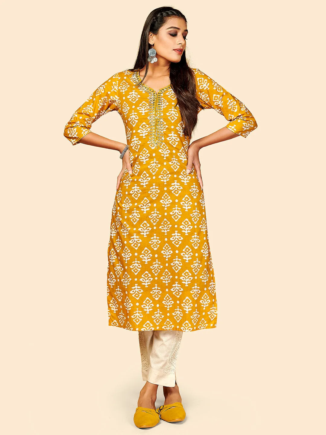 Women'S Printed & Embroidered Straight Cotton Yellow Stitched Kurta