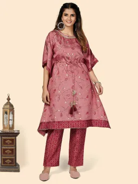 Women'S Printed & Gota Patti Work Muslin Rust Stitched Kaftan Kurta With Pant