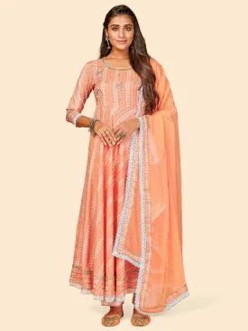 Women'S Printed & Hand Work Anarkali Yarn Dyed Orange Stitched Kurta Pant With Dupatta