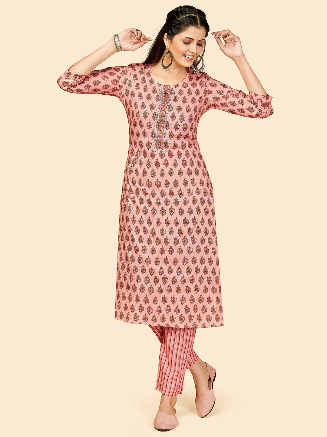 Women'S Printed & Hand Work Straight Cotton Light Pink Stitched Kurta With Pant