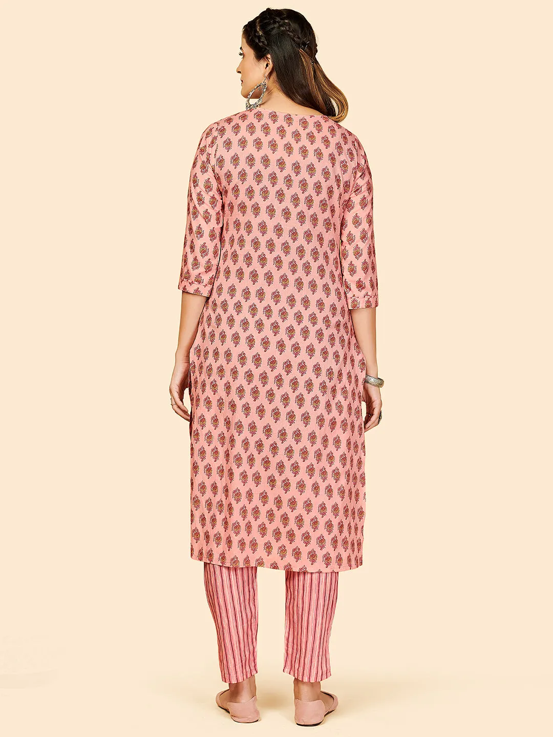 Women'S Printed & Hand Work Straight Cotton Light Pink Stitched Kurta With Pant