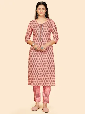 Women'S Printed & Hand Work Straight Cotton Light Pink Stitched Kurta With Pant