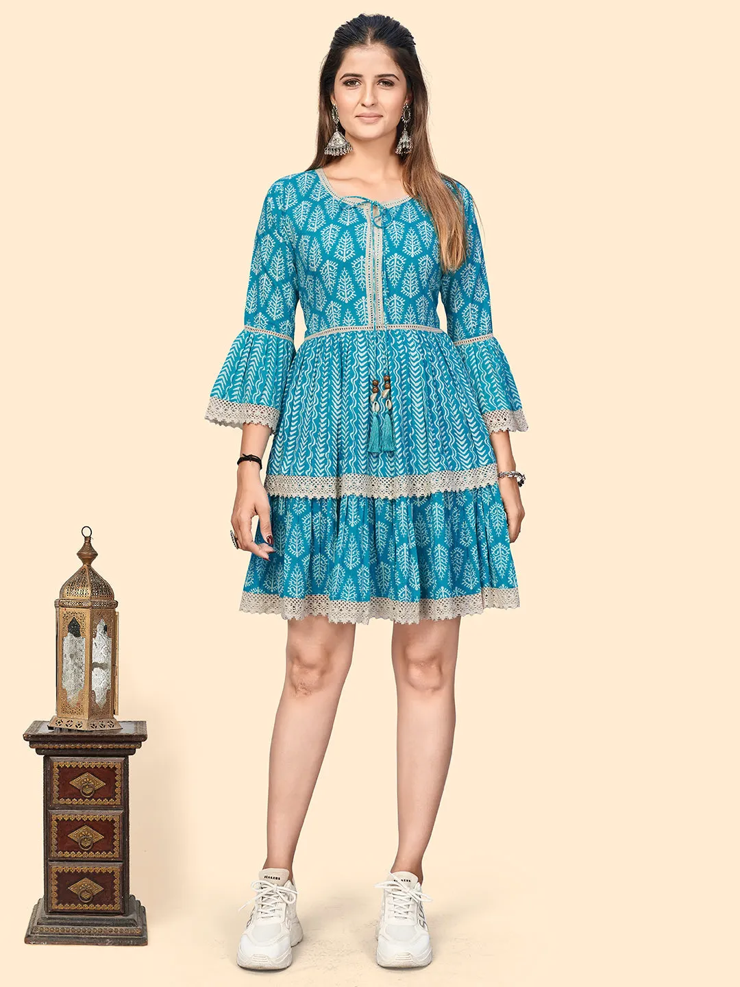 Women'S Printed & Lace Border A-Line Cotton Sky Blue Stitched Dress