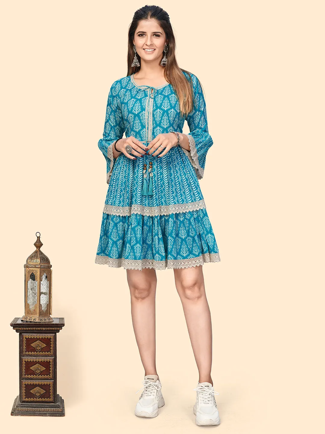 Women'S Printed & Lace Border A-Line Cotton Sky Blue Stitched Dress