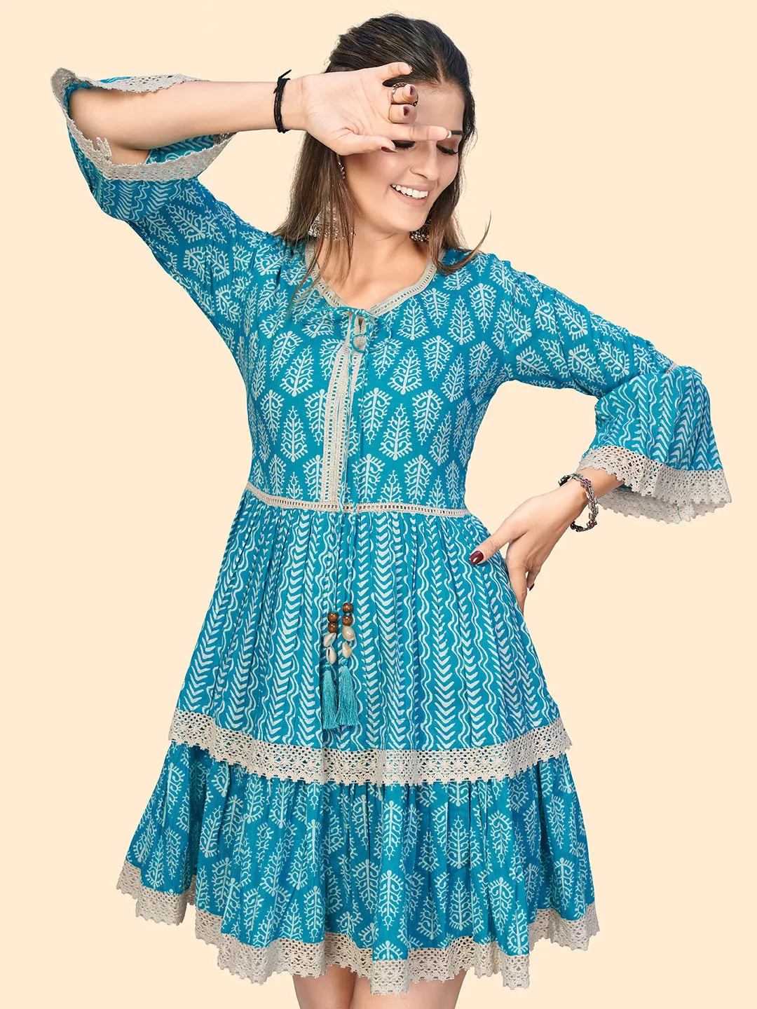 Women'S Printed & Lace Border A-Line Cotton Sky Blue Stitched Dress