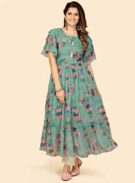 Women'S Printed Anarkali Georgette Aqua Green Stitched Kurta (1Pc)