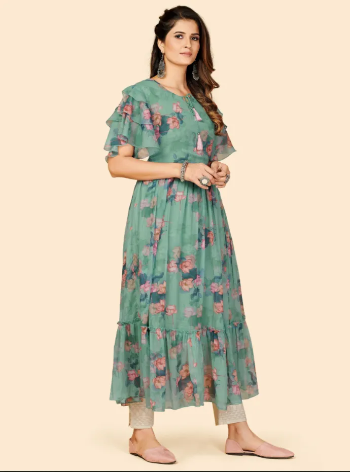 Women'S Printed Anarkali Georgette Aqua Green Stitched Kurta (1Pc)