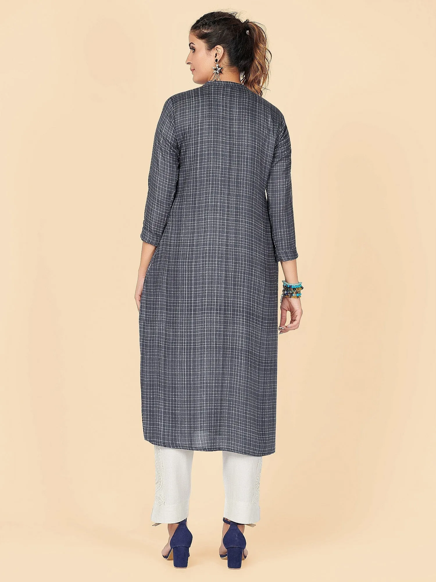 Women'S Printed Straight Rayon Grey Stitched Kurta